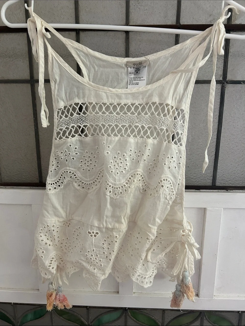 Women’s Cream Eyelet Tie-Shoulder Tank Top - Picture 1 of 4